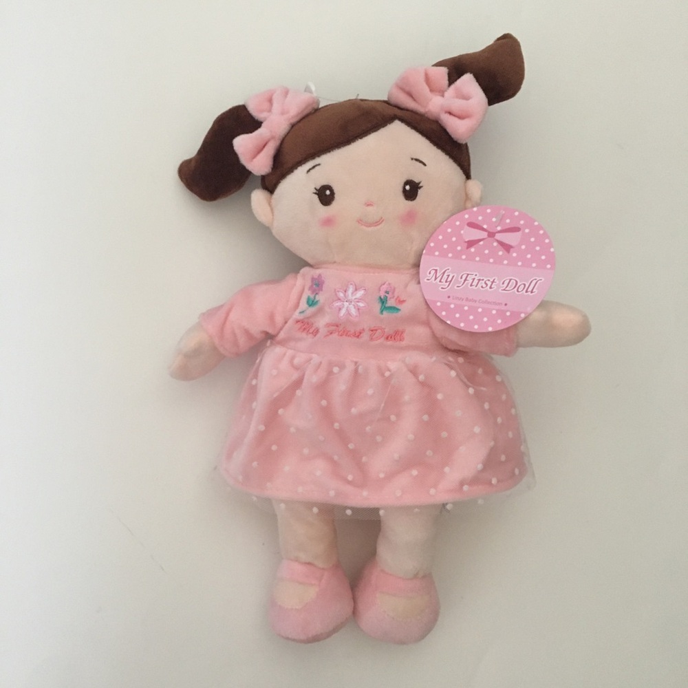 My 1st Doll wearing Pink Dress & Bows Soft Baby Toy Baby Gift NEW  | Linzy